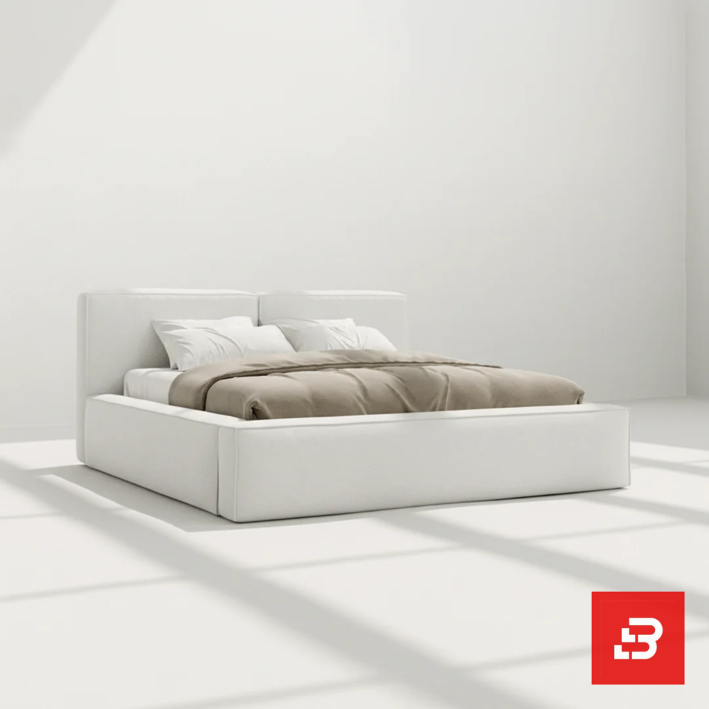 Modern dual-cushion headboard platform bed in pure white fabric by Bahoo Furniture UAE
