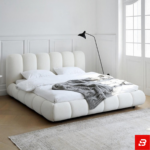 Bubbled Channel-Tufted Bright White Bouclé Platform Bed