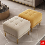 Grid-Tufted Velvet Square Ottoman with Gold Metal Legs