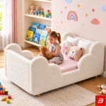 Drift Cloud-Silhouette Boucle Toddler Bed – All-Around Rails, Wood Legs