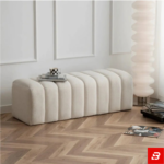 Modern Vertical Channel-Tufted Off-White Bouclé Bench