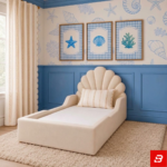 Coral Scallop-Shell Headboard Kids Bed – Upholstered Bench Sides