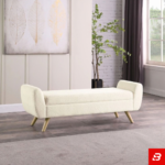 Curved-Arm Off-White Bouclé Storage Bench with Tapered Wooden Legs