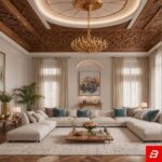 Royal palace upholstered U-shaped sectional sofa in ivory white velvet fabric beneath an ornate carved wood ceiling by Bahoo Furniture UAE