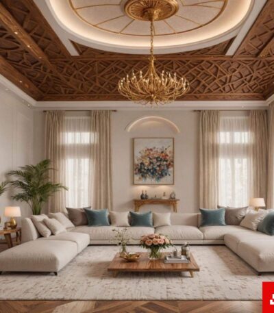 Royal palace upholstered U-shaped sectional sofa in ivory white velvet fabric beneath an ornate carved wood ceiling by Bahoo Furniture UAE