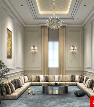 Royal velvet floor majlis sectional sofa in silver grey fabric arranged in a modern structured living room with wainscoting walls by Bahoo Furniture UAE