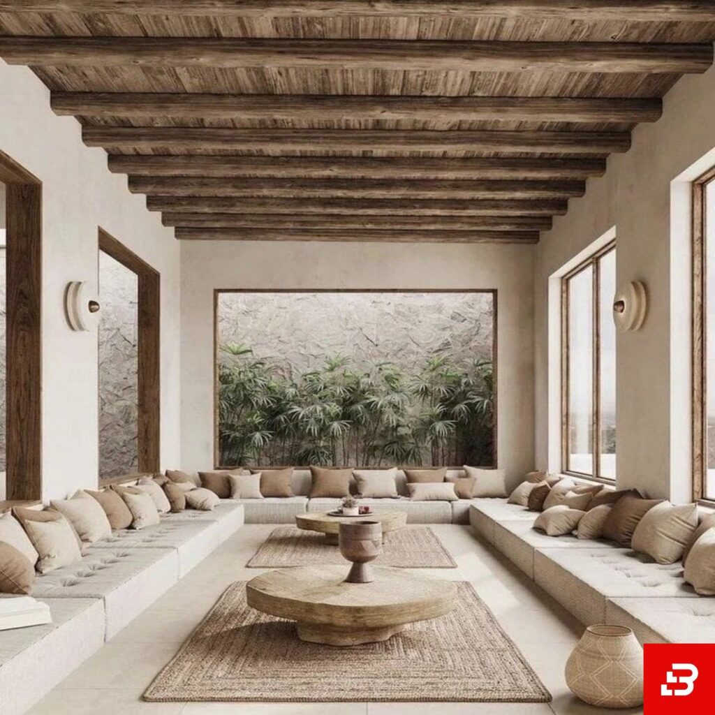 Organic wabi-sabi built-in majlis sectional sofa in earthy linen fabric with natural wood ceiling beams by Bahoo Furniture UAE