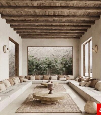 Organic wabi-sabi built-in majlis sectional sofa in earthy linen fabric with natural wood ceiling beams by Bahoo Furniture UAE