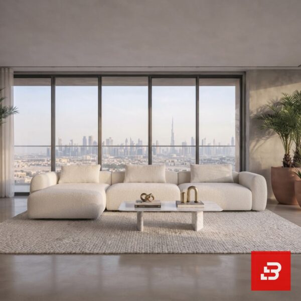 Elegant high-rise living room view of a luxury upholstered modern low-profile sectional sofa in off white bouclé fabric featuring a chaise lounge against a panoramic skyline window by Bahoo Furniture UAE