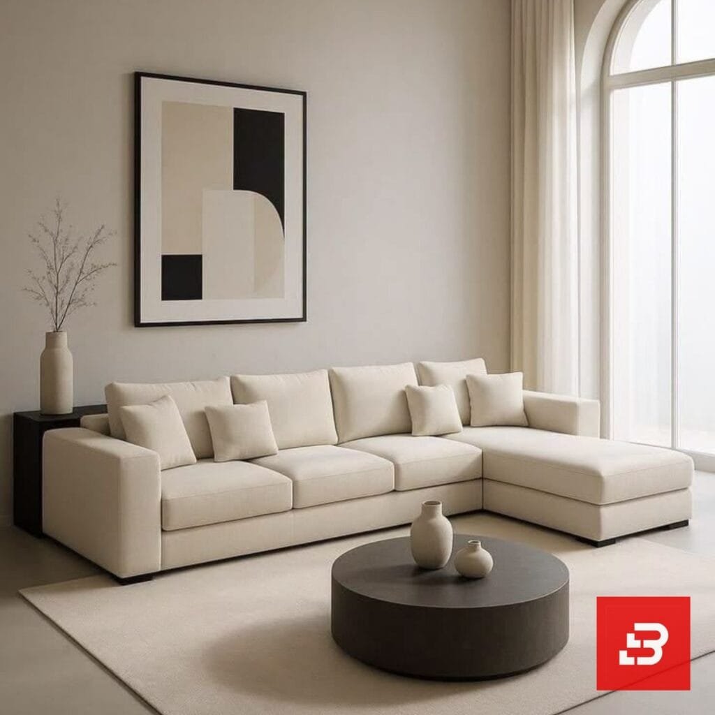 Luxurious living room interior view of a modern L-shape sectional sofa in beige velvet fabric featuring clean lines and matching throw pillows by Bahoo Furniture UAE