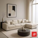 Luxurious living room interior view of a modern L-shape sectional sofa in beige velvet fabric featuring clean lines and matching throw pillows by Bahoo Furniture UAE