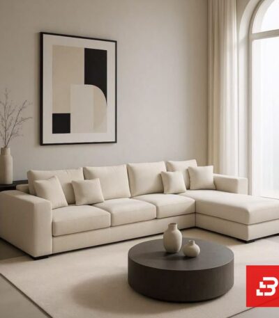 Luxurious living room interior view of a modern L-shape sectional sofa in beige velvet fabric featuring clean lines and matching throw pillows by Bahoo Furniture UAE