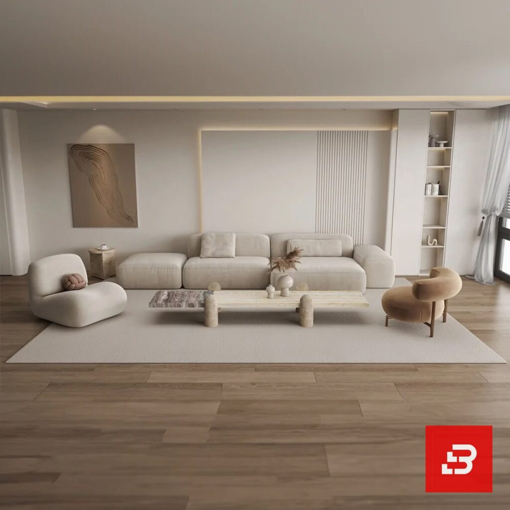 Spacious living room interior view of a luxury upholstered contemporary modular sofa in off white bouclé fabric paired with matching accent lounge chairs by Bahoo Furniture UAE