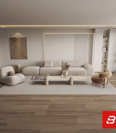 Spacious living room interior view of a luxury upholstered contemporary modular sofa in off white bouclé fabric paired with matching accent lounge chairs by Bahoo Furniture UAE