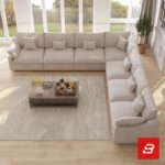 Overhead interior view of a luxury upholstered grand u-shape sectional sofa in warm gray linen fabric featuring multiple modular seating sections and throw pillows by Bahoo Furniture UAE