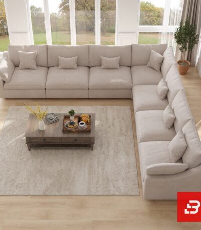 Overhead interior view of a luxury upholstered grand u-shape sectional sofa in warm gray linen fabric featuring multiple modular seating sections and throw pillows by Bahoo Furniture UAE
