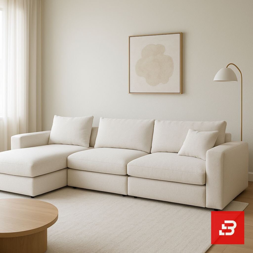 Modern living room interior view of a luxury upholstered chaise sectional sofa in textured off white bouclé fabric with an extended chaise lounge and accent pillows by Bahoo Furniture UAE