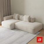 Modern living room interior view of a luxury upholstered modular sofa with matching throw pillows in textured off white bouclé fabric by Bahoo Furniture UAE
