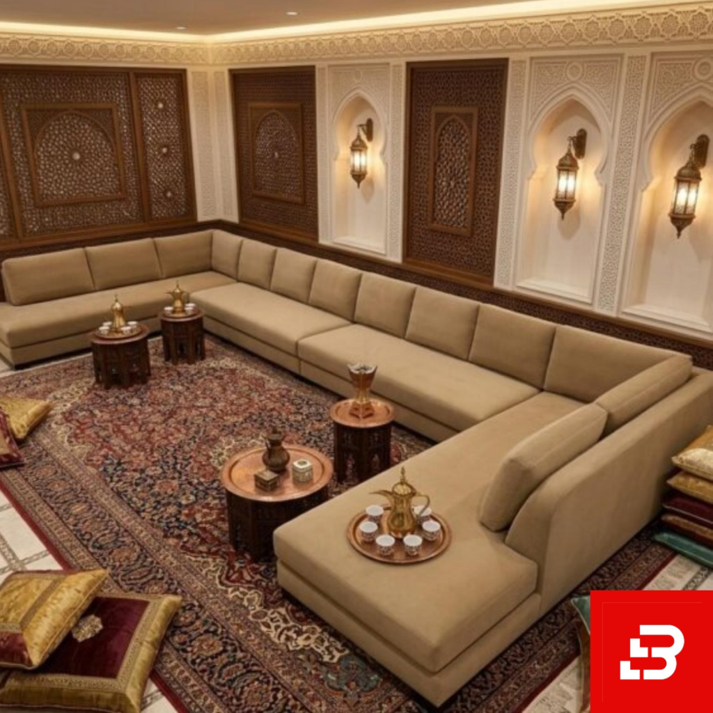 Heritage majlis upholstered sectional sofa in sand beige velvet fabric arranged in a traditional Arabic layout by Bahoo Furniture UAE