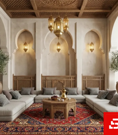 Heritage arched alcove U-shaped sectional sofa in warm limestone linen fabric placed inside a traditional Arabic majlis with carved wooden paneling by Bahoo Furniture UAE
