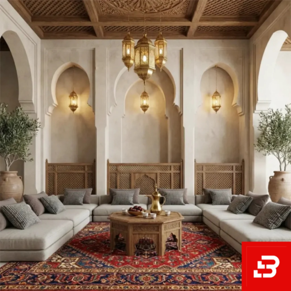 Heritage arched alcove U-shaped sectional sofa in warm limestone linen fabric placed inside a traditional Arabic majlis with carved wooden paneling by Bahoo Furniture UAE