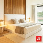 Luxury upholstered modern platform bed in cream bouclé fabric by Bahoo Furniture UAE