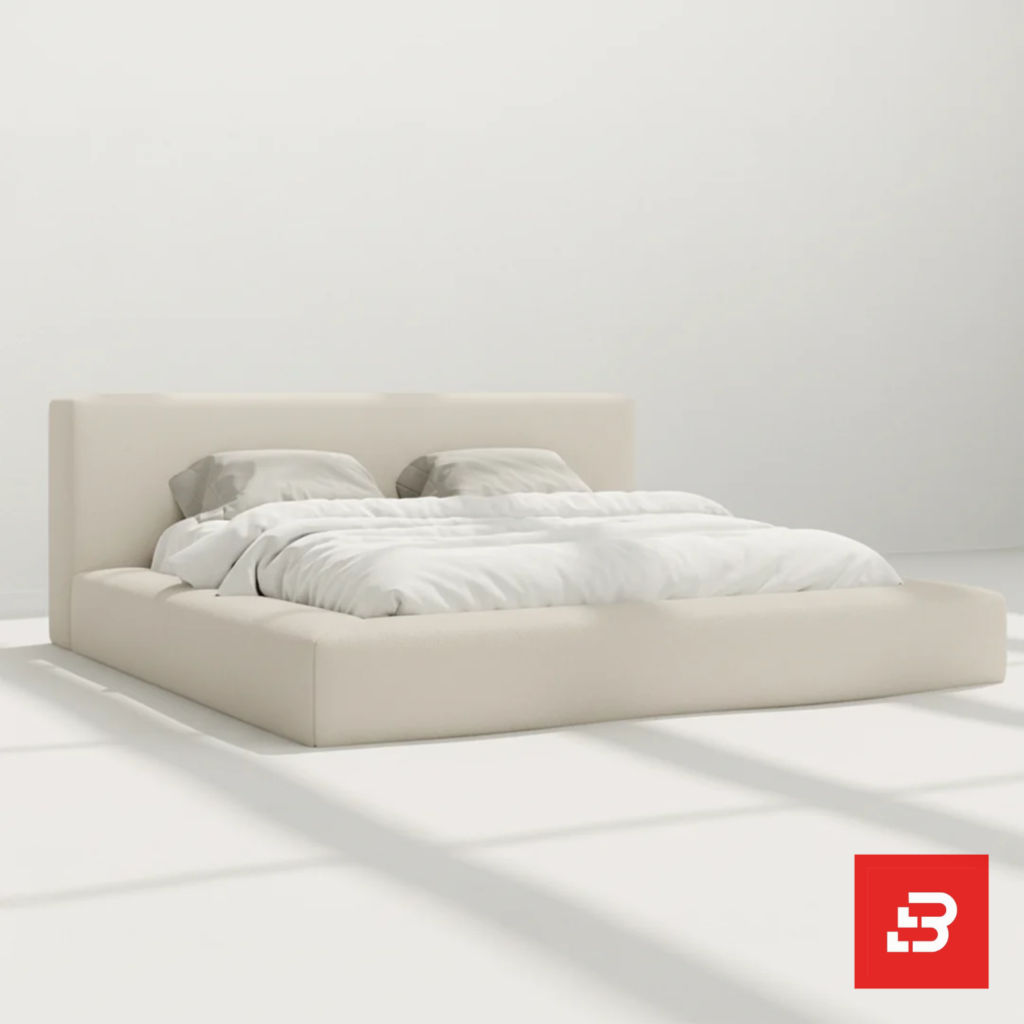 Contemporary tailored upholstered platform bed in soft ivory fabric by Bahoo Furniture UAE