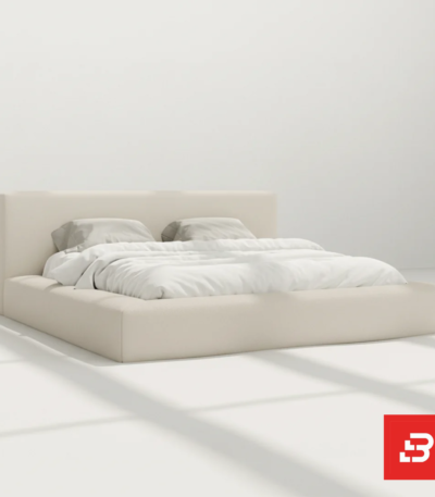 Contemporary tailored upholstered platform bed in soft ivory fabric by Bahoo Furniture UAE