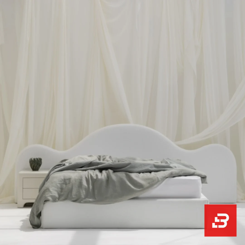 Arched minimalist upholstered platform bed in cream bouclé fabric by Bahoo Furniture UAE
