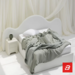 Arched minimalist upholstered platform bed in cream bouclé fabric by Bahoo Furniture UAE