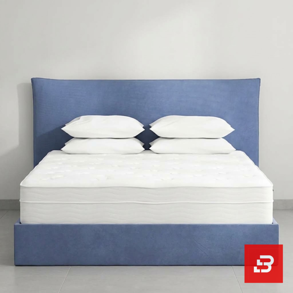 Tailored high-back upholstered platform bed in dusty blue velvet by Bahoo Furniture UAE