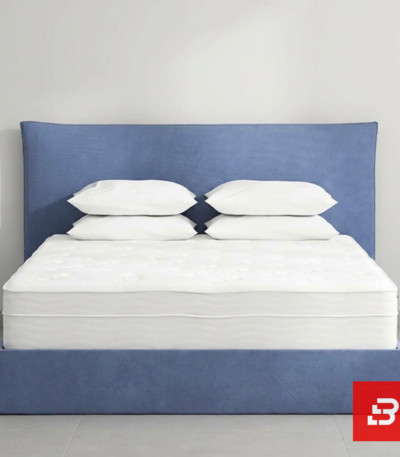 Tailored high-back upholstered platform bed in dusty blue velvet by Bahoo Furniture UAE