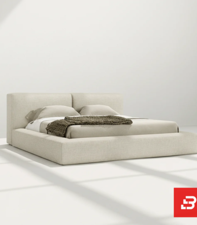 Split-panel upholstered platform bed in warm oatmeal fabric by Bahoo Furniture UAE