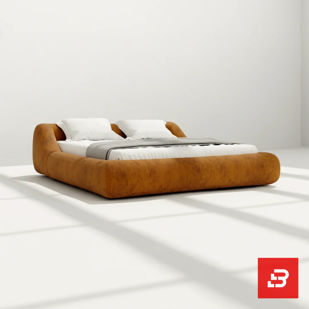 Puff-border low-profile platform bed in rich cognac suede by Bahoo Furniture UAE