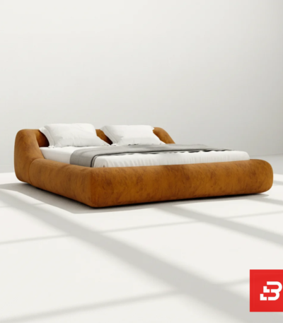 Puff-border low-profile platform bed in rich cognac suede by Bahoo Furniture UAE