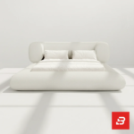 Pillow-bolster modern platform bed in pure ivory bouclé fabric by Bahoo Furniture UAE