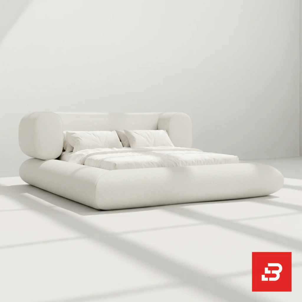 Pillow-bolster modern platform bed in pure ivory bouclé fabric by Bahoo Furniture UAE