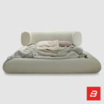Pillow-bolster modern platform bed in pure ivory bouclé fabric by Bahoo Furniture UAE