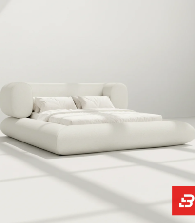 Pillow-bolster modern platform bed in pure ivory bouclé fabric by Bahoo Furniture UAE