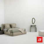 Piped-panel contemporary platform bed in warm taupe fabric by Bahoo Furniture UAE