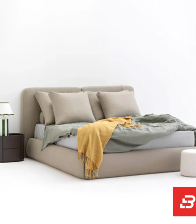 Piped-panel contemporary platform bed in warm taupe fabric by Bahoo Furniture UAE