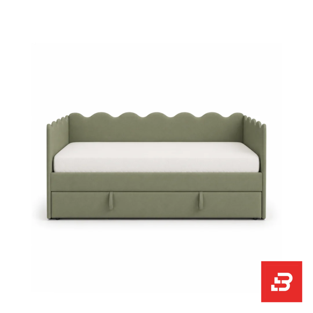 Scalloped daybed with pull-out trundle in sage green velvet by Bahoo Furniture UAE