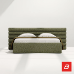 Contemporary ribbed upholstered platform bed in olive green bouclé fabric by Bahoo Furniture UAE