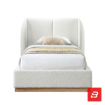 Wingback upholstered platform bed in cream bouclé fabric by Bahoo Furniture UAE