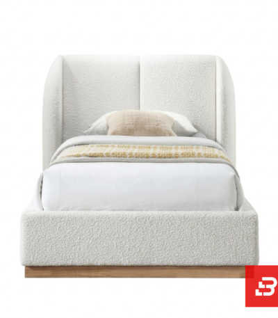 Wingback upholstered platform bed in cream bouclé fabric by Bahoo Furniture UAE