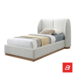 Wingback upholstered platform bed in cream bouclé fabric by Bahoo Furniture UAE