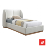 Wingback upholstered platform bed in cream bouclé fabric by Bahoo Furniture UAE