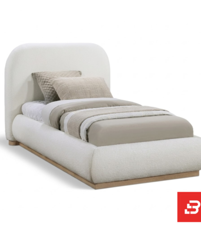 Curved-arch upholstered platform bed in cream bouclé fabric by Bahoo Furniture UAE