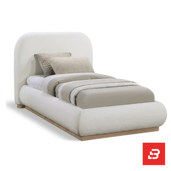 Curved-arch upholstered platform bed in cream bouclé fabric by Bahoo Furniture UAE