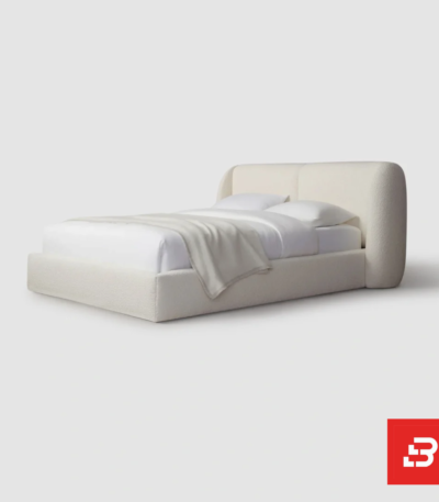 Curved wingback upholstered platform bed in cream bouclé fabric by Bahoo Furniture UAE